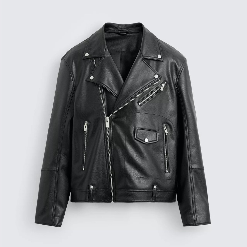 NWT Zara Man Black FAUX LEATHER BIKER JACKET Size M Medium